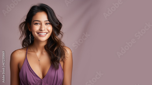 Indian woman model wear purple sundress isolated on pastel background