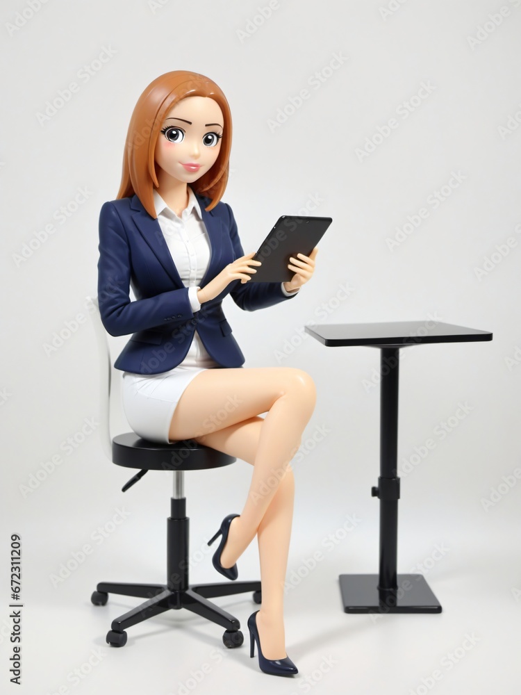 A 3D Toy Cartoon Businesswoman Sitting On Stool With Tablet On A White Background A 3D Toy Cartoon Businesswoman Sitting On Stool With Tablet On A White Background