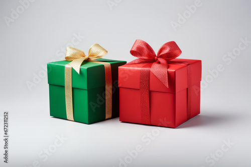 Festive gift present Christmas birthday box with red and golden colour ribbon and bow on light background. Winter holiday concept