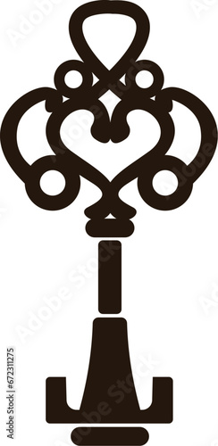 Cartoon Black and White Isolated Illustration Vector Of A Decorated Key