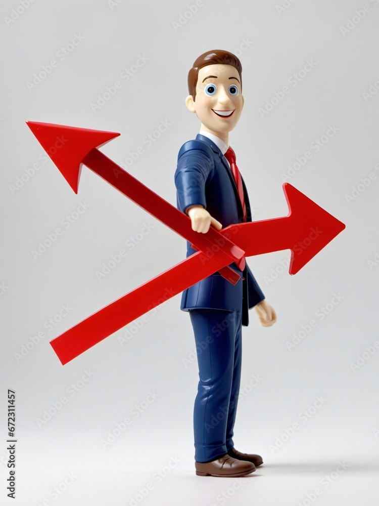 A 3D Toy Cartoon Businessman Lifting Up Red Arrow On A White Background A 3D Toy Cartoon Businessman Lifting Up Red Arrow On A White Background