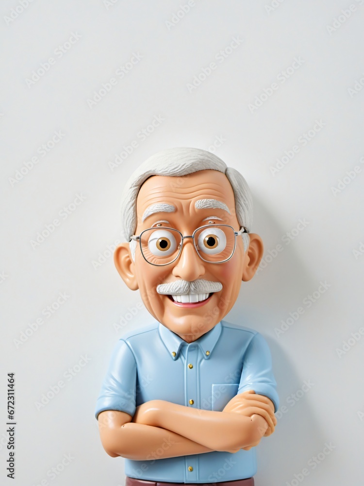 A 3D Toy Senior Man Peeking Out From Behind Wall On A White Background A 3D Toy Senior Man Peeking Out From Behind Wall On A White Background