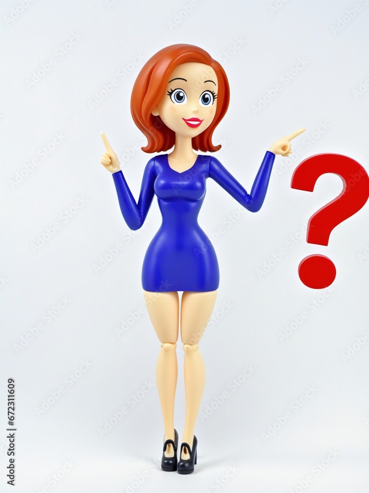 A 3D Toy Cartoon Woman Leaning Against Question Mark On A White Background