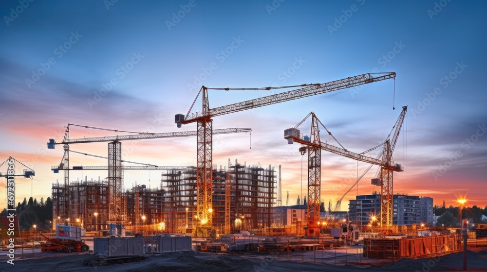 Construction site for Building and tower crane, scaffolding and structure - obrazy, fototapety, plakaty 