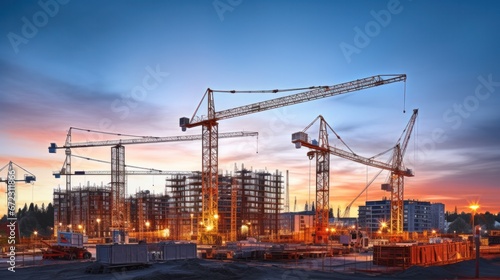 Construction site for Building and tower crane, scaffolding and structure photo
