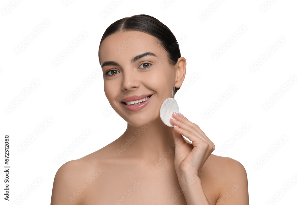 Beautiful woman removing makeup with cotton pad on white background Beautiful woman removing makeup with cotton pad on white background
