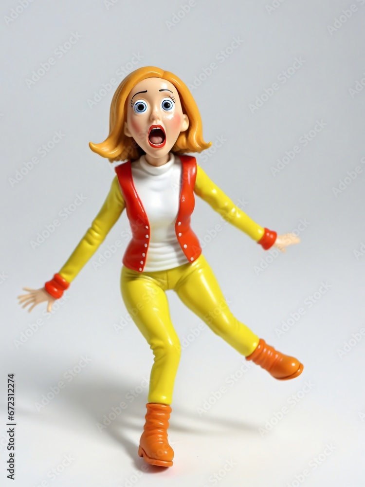 A 3D Toy Character Woman Very Scared On A White Background A 3D Toy Character Woman Very Scared On A White Background