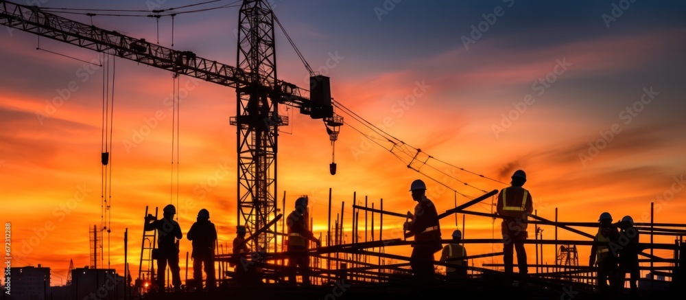 Silhouette of construction workers on the construction site at sunset and crane, scaffolding and structure