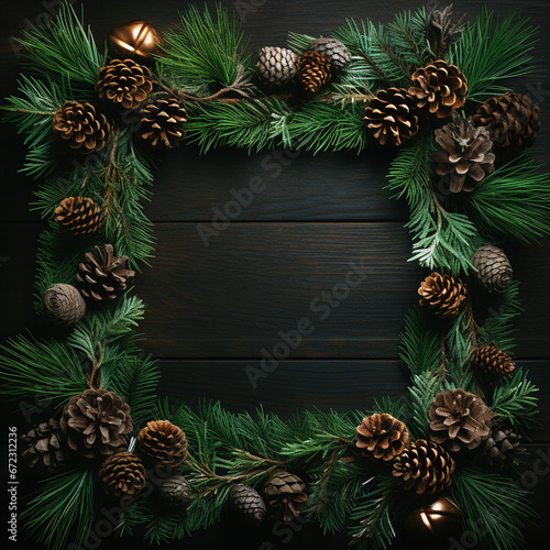 christmas frame with branches and cones