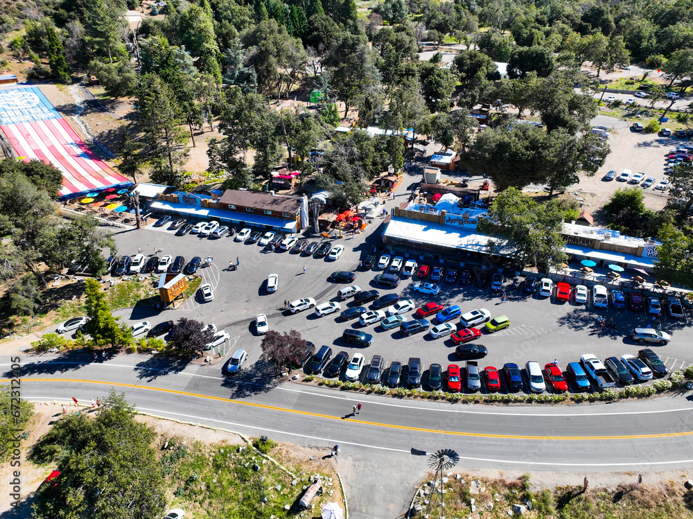 A UAV Drone View of Apple Season in Oak Glen, California, with people enjoying U Pick apples and the Country in the Mountains