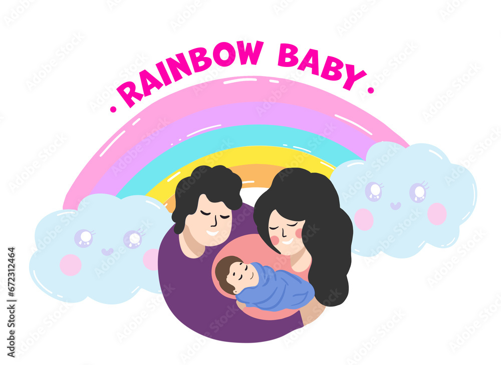 National Rainbow Baby Day card. Happy family with little child, rainbow and cute clouds on white background, illustration National Rainbow Baby Day card. Happy family with little child, rainbow and cute clouds on white background, illustration