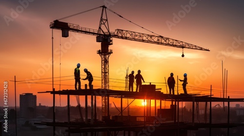 Silhouette of construction workers on the construction site at sunset and crane, scaffolding and structure © ETAJOE