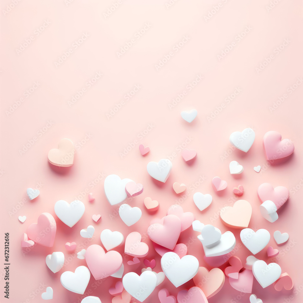 Valentines Day concept. Pink and white hearts on pastel pink background. Love concept.