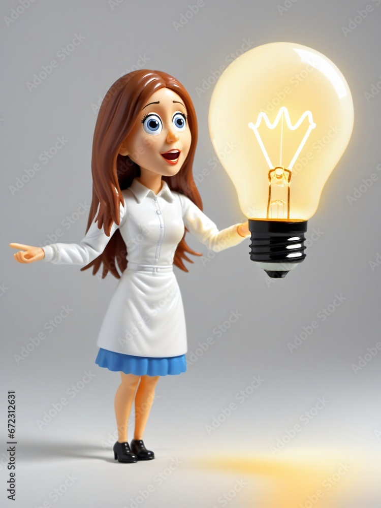 A 3D Toy Cartoon Woman Looking At Light Bulb On A White Background A 3D Toy Cartoon Woman Looking At Light Bulb On A White Background