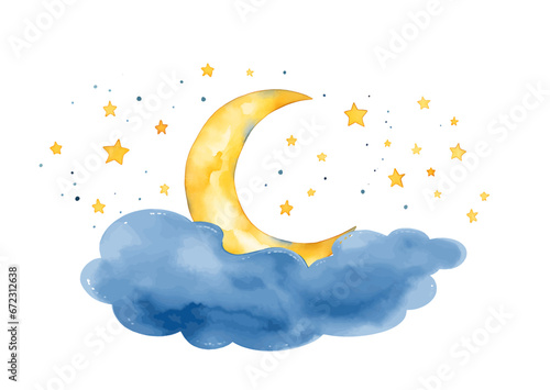 Cute Night Moon Stars Watercolor. Night Sky with Lot of Shiny Stars. Vector illustration. Hand Drawn illustration. baby shower invitation card.