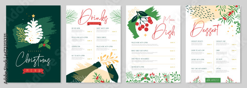 Restaurant Christmas holiday menu design with christmas floral desoration. Vector illustration