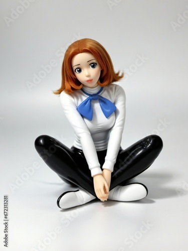 A 3D Toy Character Woman Sitting On Floor And Thinking On A White Background photo