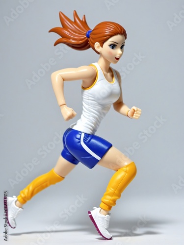 A 3D Toy Sporty Woman Running Fast On A White Background