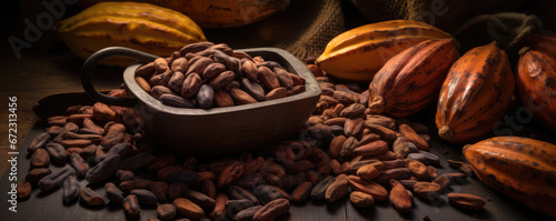 Cocoa beans in bowl with cocoa pods on wooden table.