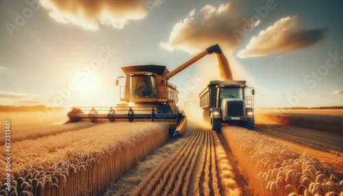 Large harvester in a golden wheat field and a grain truck with clear sky and few clouds