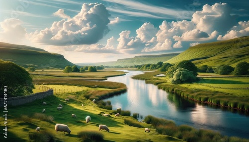 Vacation landscape at peaceful countryside scene with blue sky and clouds lush green meadows, calm river and sheeps during holiday trip to Europe or America © Wendy2001