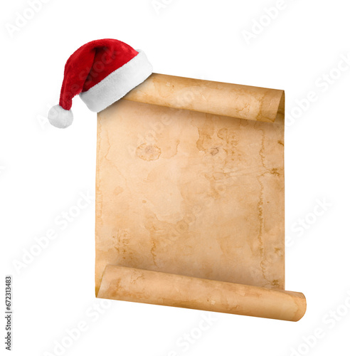 Letter for Santa. Red hat and old parchment on white background