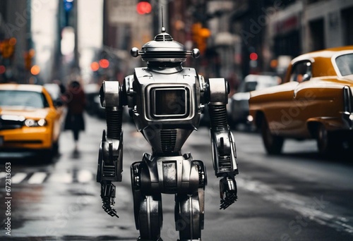 Fotografie, Tablou AI generated illustration of a metal robotic figure in front of taxi cabs in the