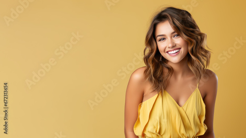 Brunette woman model wear yellow sundress isolated on pastel background