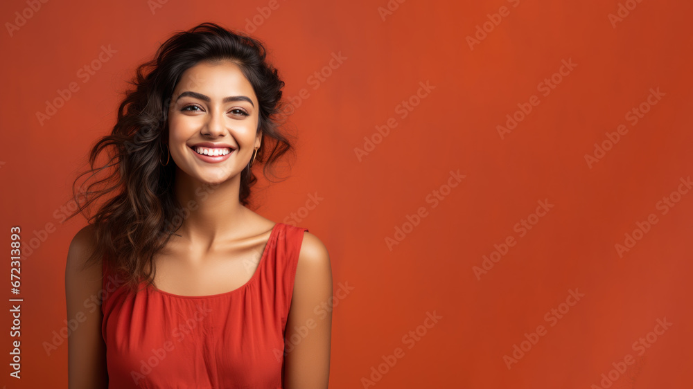 Indian woman model wear red sundress isolated on pastel background Indian woman model wear red sundress isolated on pastel background