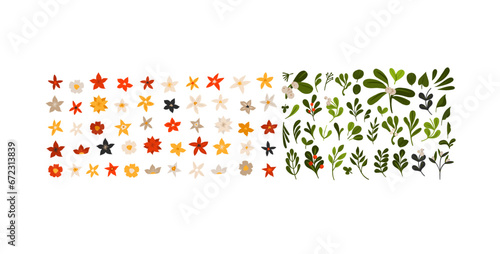 Hand drawn vector abstract cartoon Merry Christmas and Happy new year clipart illustrations elements set with flower,leaves and pine branch.Merry Christmas cute design.Winter holiday decoration.