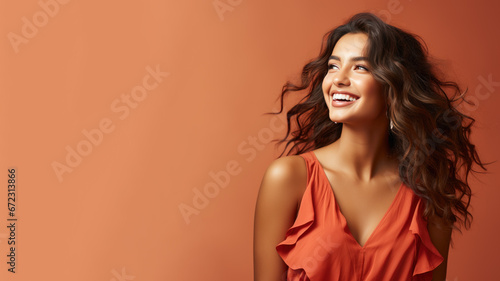 Indian woman model wear red sundress isolated on pastel background
