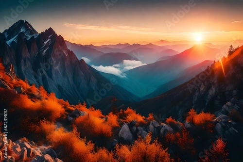 A mountain range at sunrise with vibrant colors