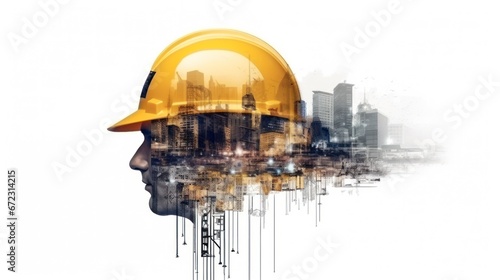 Engineer and Building construction double exposure design in head