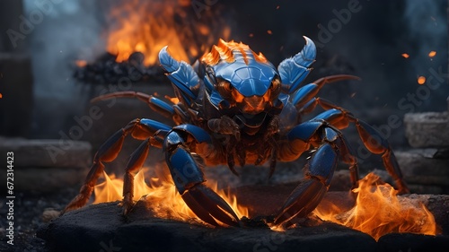 a blue and orange scorpion sitting on top of a fire. A scorpion walking. Ai ganerated image