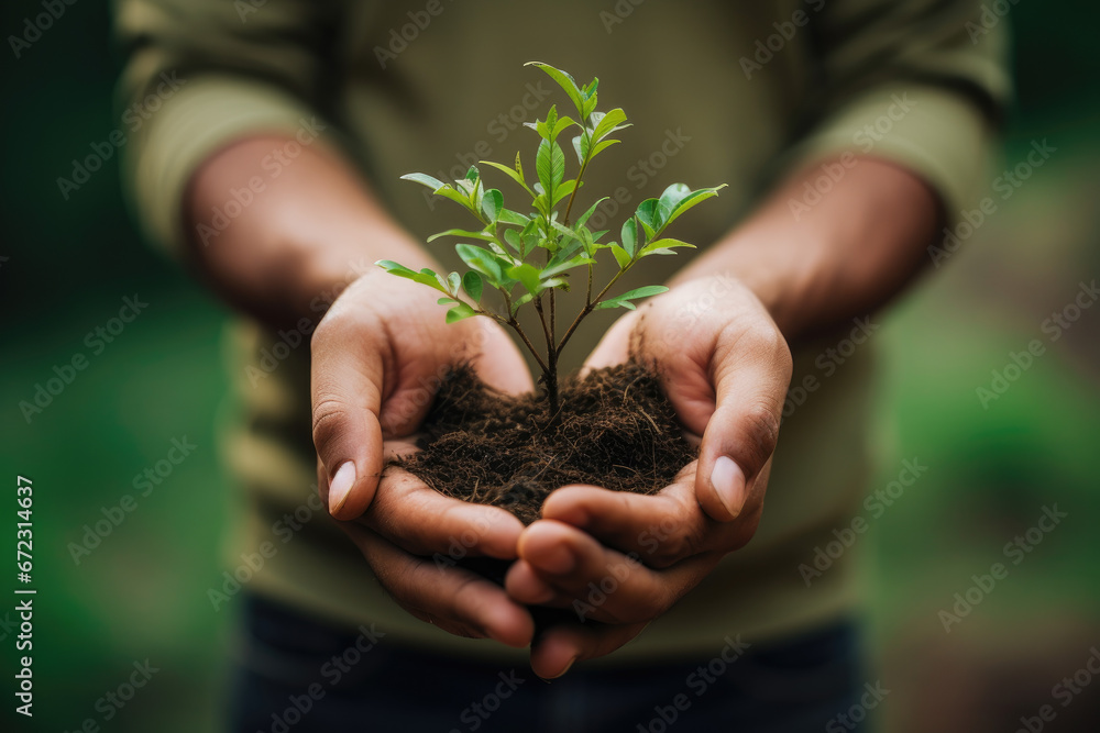 Closeup of hands holding plant. Growth mindset concept