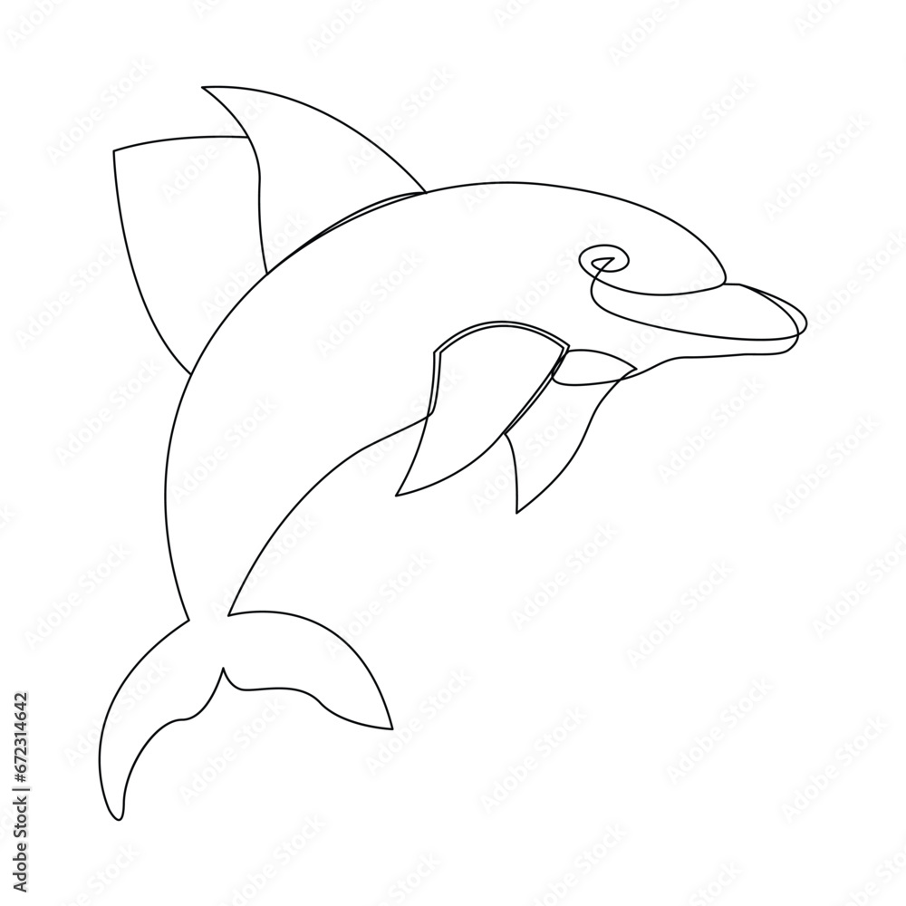 Fototapeta premium Continuous one line of cute dolphin sea fish outline vector art drawing and illustration