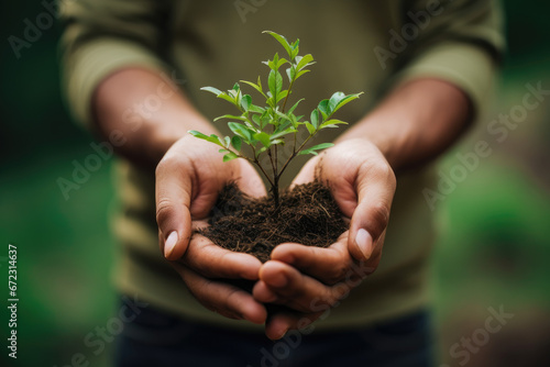 Closeup of hands holding plant. Growth mindset concept