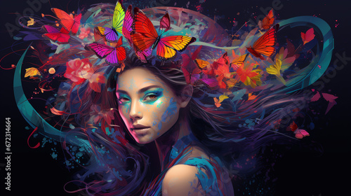 Abstract colorful girl with butterflies. Fashionable cute girl. Digital Art.