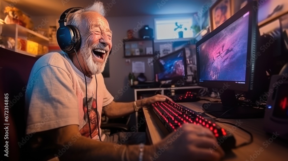 Old man gamer laughing and playing online games computer, Relaxation with video game Old man gamer laughing and playing online games computer, Relaxation with video game