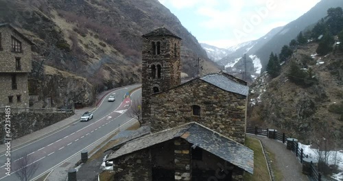 Church Sant Joan de Caselles. Andorra. Winter. Aerial.  photo