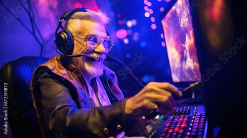 Old man gamer laughing and playing online games computer, Relaxation with video game