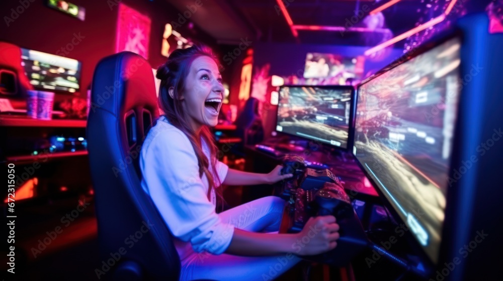 Professional gamer girl playing online games computer, Relaxation with video game