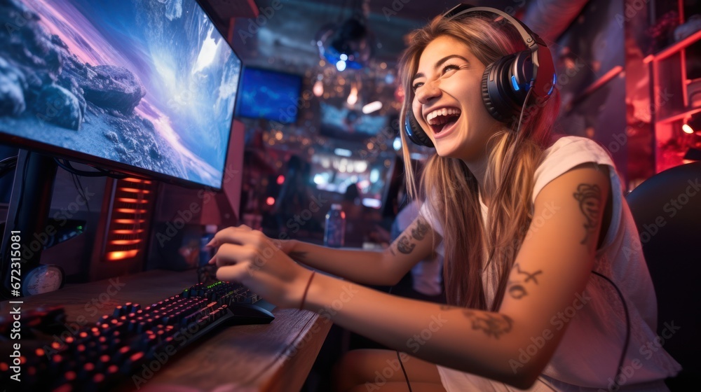 Professional gamer girl playing online games computer, Relaxation with video game Professional gamer girl playing online games computer, Relaxation with video game