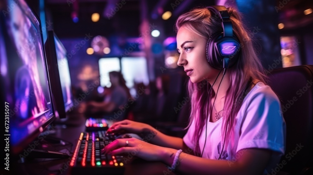 Professional gamer girl playing online games computer, Relaxation with video game Professional gamer girl playing online games computer, Relaxation with video game