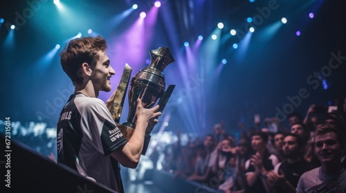 Professional gamer winner and lift the trophy for champions league, E-sport and tournament, Celebrate for champions photo