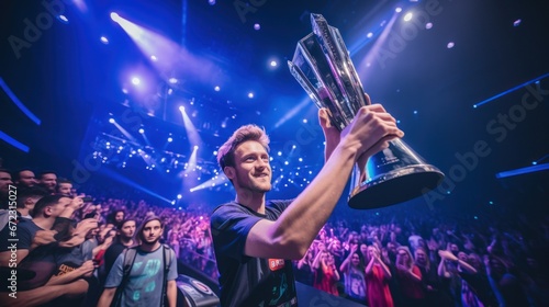 Professional gamer winner and lift the trophy for champions league, E-sport and tournament, Celebrate for champions