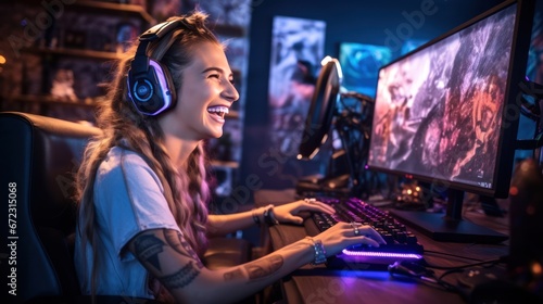 Professional gamer girl playing online games computer, Relaxation with video game