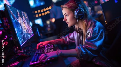 Professional gamer girl playing online games computer, Relaxation with video game photo