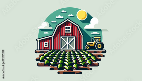 Barn and Tractor in Crop Field Vector Design