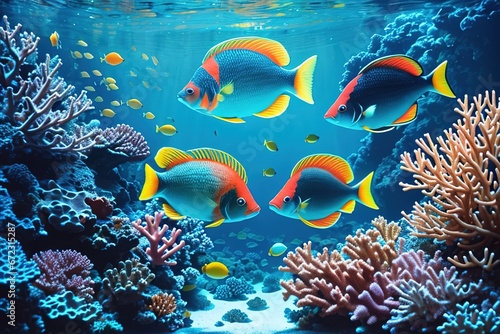 Tropical sea underwater fishes on coral reef, generative ai.